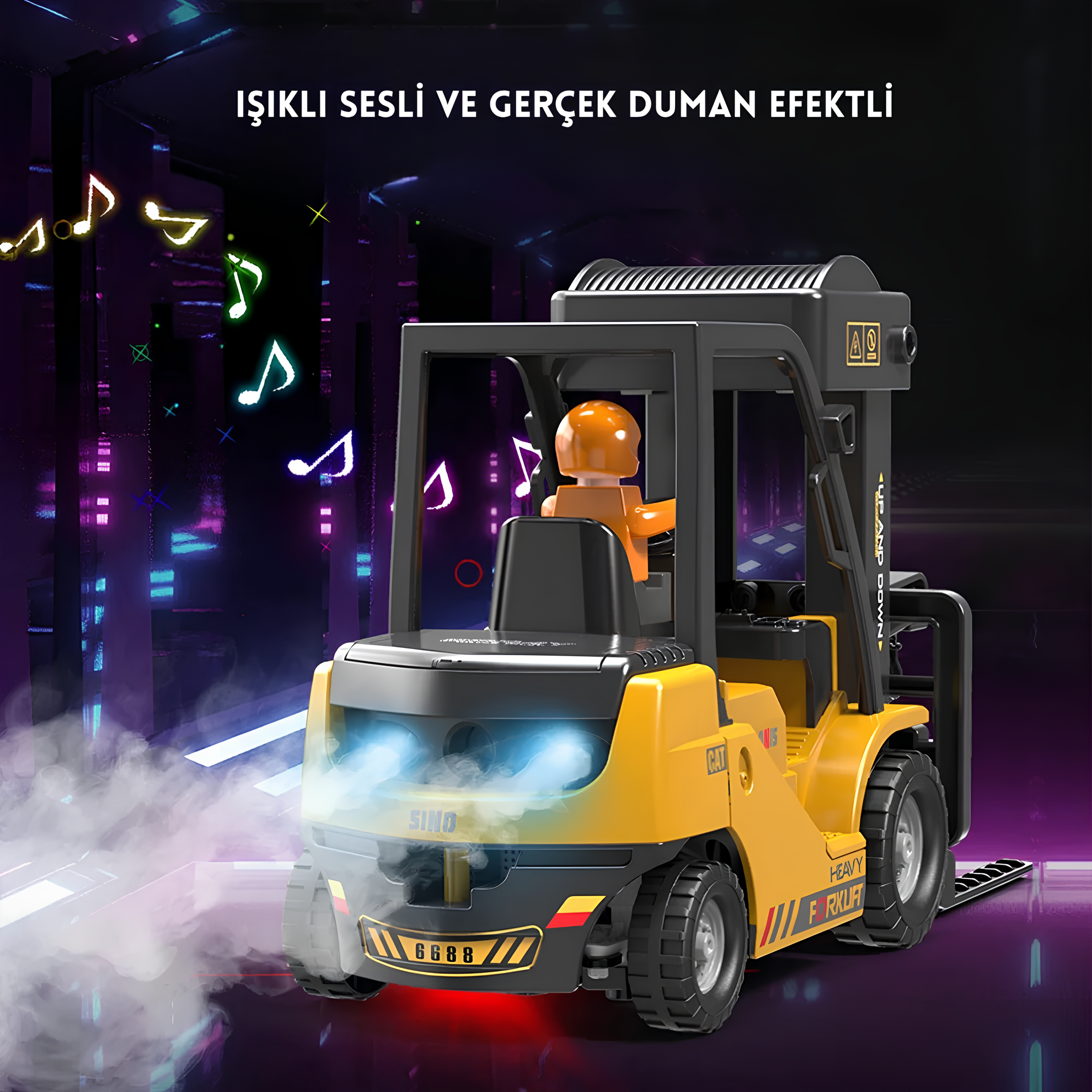 Pikka Toys Duman Efektli Şarjlı Forklift Oyuncak – Kumandalı İnşaat Serisi